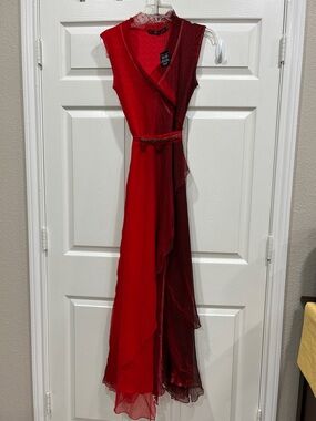 Red Layered Sleeveless Wrap Maxi Dress